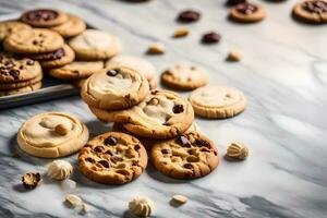uma grupo do biscoitos em uma mármore contador. gerado por IA foto