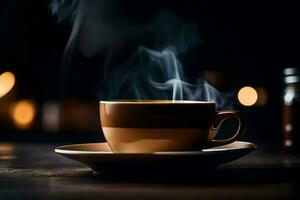 uma copo do café em uma mesa com fumaça chegando Fora do isto. gerado por IA foto