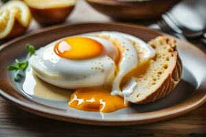 a ovo em uma prato com pão e limão. gerado por IA foto