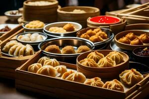uma variedade do dumplings e de outros Comida dentro de madeira caixas. gerado por IA foto