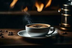 uma copo do café em uma mesa com uma fogo dentro a fundo. gerado por IA foto