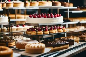 muitos diferente tipos do bolos estão em exibição dentro uma padaria. gerado por IA foto