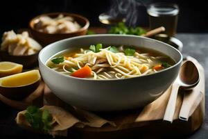 uma tigela do sopa com Macarrão e legumes. gerado por IA foto
