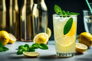 uma vidro do limonada com hortelã folhas e limões. gerado por IA foto