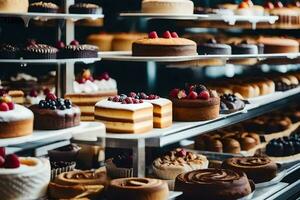 uma exibição do bolos dentro uma padaria. gerado por IA foto