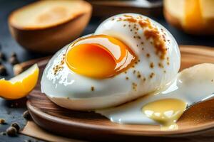 a ovo é sentado em uma prato com uma colher. gerado por IA foto
