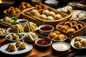 uma mesa com muitos diferente tipos do dumplings. gerado por IA foto