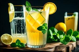 dois óculos do limonada com hortelã folhas. gerado por IA foto