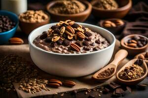 chocolate aveia dentro uma tigela com nozes e leite. gerado por IA foto