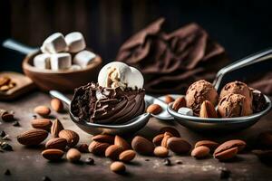 chocolate gelo creme, amêndoas e marshmallows dentro uma tigela. gerado por IA foto