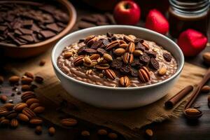 chocolate aveia com nozes e bagas dentro uma tigela. gerado por IA foto