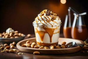 a amendoim manteiga e caramelo sobremesa é servido em uma de madeira prato com amendoim e uma vidro do leite. gerado por IA foto