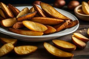 batata cunhas em uma placa. gerado por IA foto