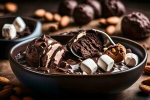 chocolate coberto amêndoas e marshmallows dentro uma tigela. gerado por IA foto