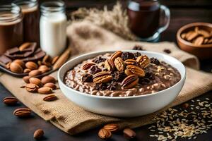 chocolate aveia com nozes e amêndoas dentro uma tigela. gerado por IA foto