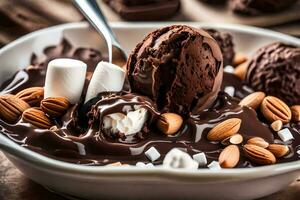 chocolate gelo creme com marshmallows e amêndoas dentro uma tigela. gerado por IA foto