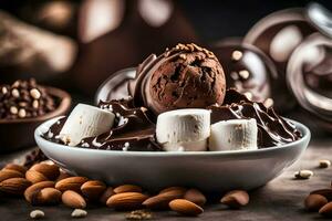 chocolate gelo creme com marshmallows e amêndoas. gerado por IA foto
