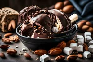 chocolate gelo creme dentro uma tigela com amêndoas e marshmallows. gerado por IA foto