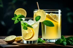 dois óculos do limonada com hortelã folhas e limões. gerado por IA foto