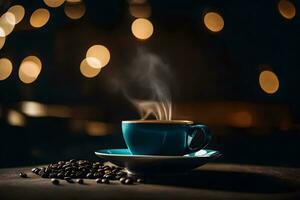 café copo e feijões em uma mesa com bokeh. gerado por IA foto