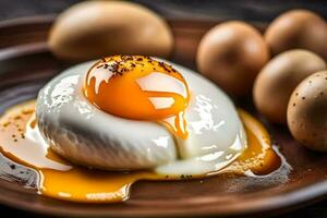 ovos em uma prato com uma colher. gerado por IA foto