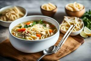 frango macarrão sopa com legumes e Macarrão. gerado por IA foto