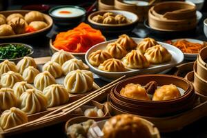 uma mesa preenchidas com vários tipos do dumplings. gerado por IA foto