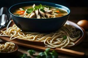 frango macarrão sopa dentro uma tigela. gerado por IA foto