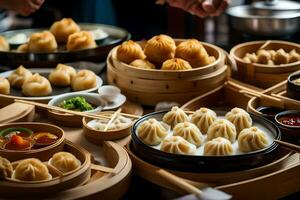 uma mesa com muitos diferente tipos do dumplings. gerado por IA foto