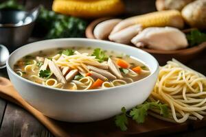 frango macarrão sopa com legumes. gerado por IA foto