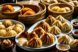 muitos diferente tipos do dumplings estão em uma mesa. gerado por IA foto