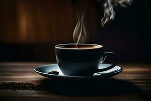 uma copo do café é em uma de madeira mesa com uma Sombrio fundo. gerado por IA foto