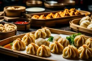 muitos diferente tipos do dumplings estão em uma mesa. gerado por IA foto