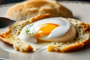 a ovo em uma prato com pão e uma garfo. gerado por IA foto