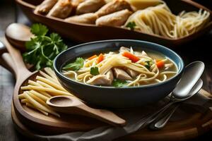 frango macarrão sopa dentro uma tigela com Macarrão e legumes. gerado por IA foto