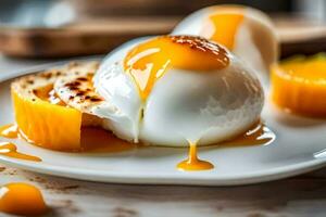 ovos em uma prato com xarope e laranja fatias. gerado por IA foto