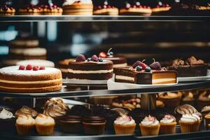 uma exibição do bolos e pastelaria dentro uma padaria. gerado por IA foto