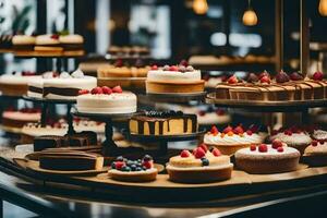 muitos diferente tipos do bolos estão exibido em uma mesa. gerado por IA foto