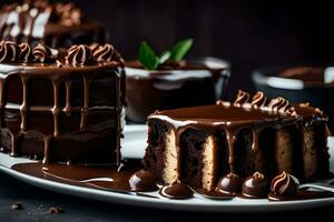 chocolate bolo com chocolate molho e chocolate chuvisco. gerado por IA foto