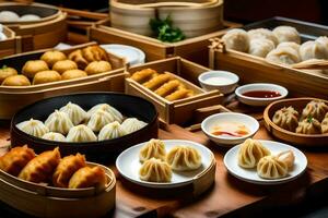 uma mesa com muitos diferente tipos do dumplings. gerado por IA foto