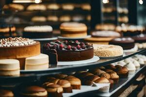 uma exibição do bolos e pastelaria dentro uma padaria. gerado por IA foto
