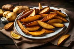 batata cunhas em uma prato com limão fatias. gerado por IA foto