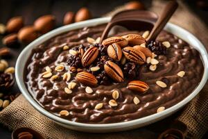 chocolate aveia dentro uma tigela com nozes e nozes. gerado por IA foto