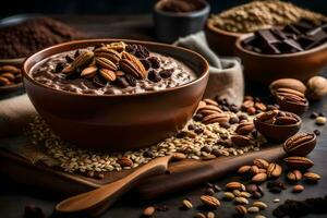 chocolate aveia dentro uma tigela com nozes e sementes. gerado por IA foto