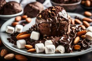 chocolate gelo creme com amêndoas e marshmallows. gerado por IA foto