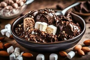 chocolate gelo creme com marshmallows e amêndoas. gerado por IA foto