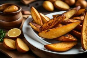 batata cunhas em uma placa. gerado por IA foto