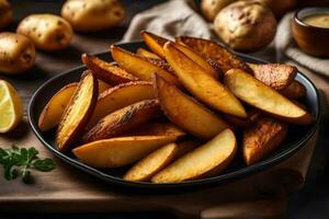 batata cunhas dentro uma Preto prato em uma de madeira fundo. gerado por IA foto