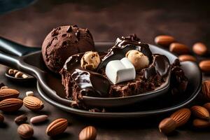 chocolate gelo creme com amêndoas e marshmallows. gerado por IA foto