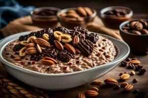 chocolate aveia com nozes e passas de uva dentro uma tigela. gerado por IA foto